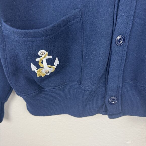 Vintage 90s Jerzees Embroidered Nautical Anchor Sweatshirt Cardigan Navy Blue OS - Picture 6 of 16